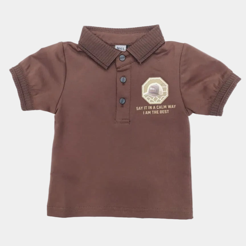 Brown children's polo shirt with text and logo on a white background