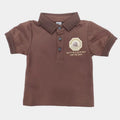 Brown children's polo shirt with text and logo on a white background