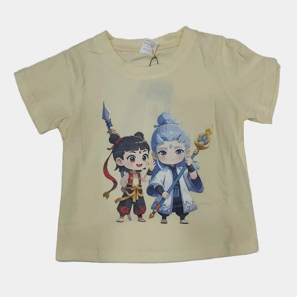 Yellow t-shirt with cartoon characters on a white background