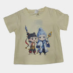 Yellow t-shirt with cartoon characters on a white background