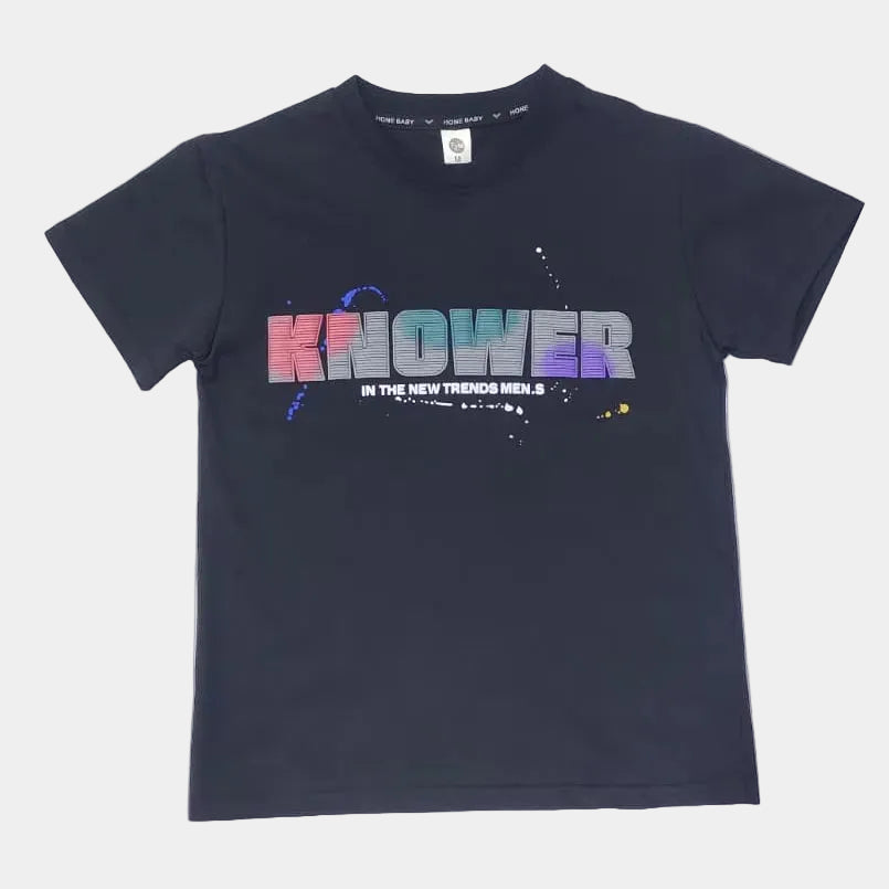 Black t-shirt with colorful text on a white background