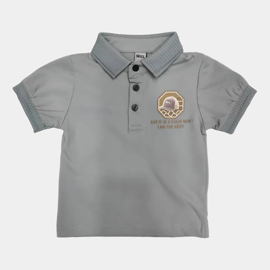 Gray polo shirt with a logo and text on a white background