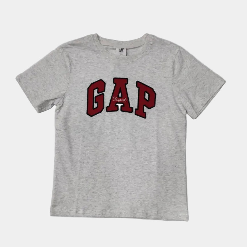 Gray t-shirt with red 'GAP' logo on a light gray background