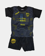Black and blue protective gear with yellow text and logos on a light gray background