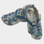 Pair of children's sandals with blue and green pattern on a white background