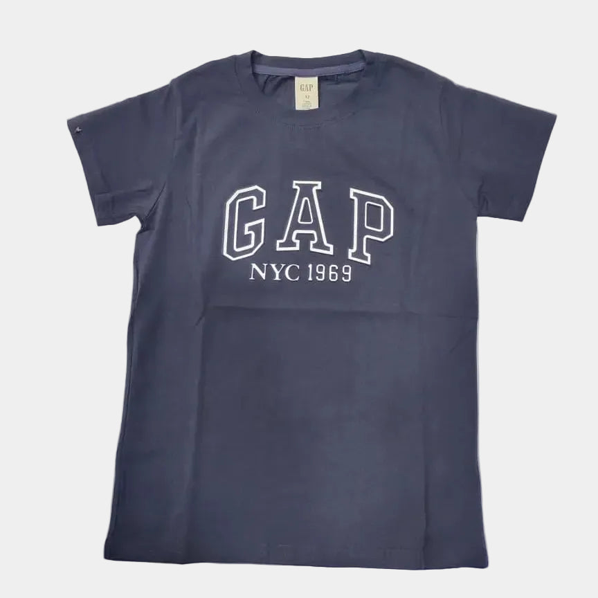 Navy blue t-shirt with 'GAP NYC 1969' logo on a light gray background