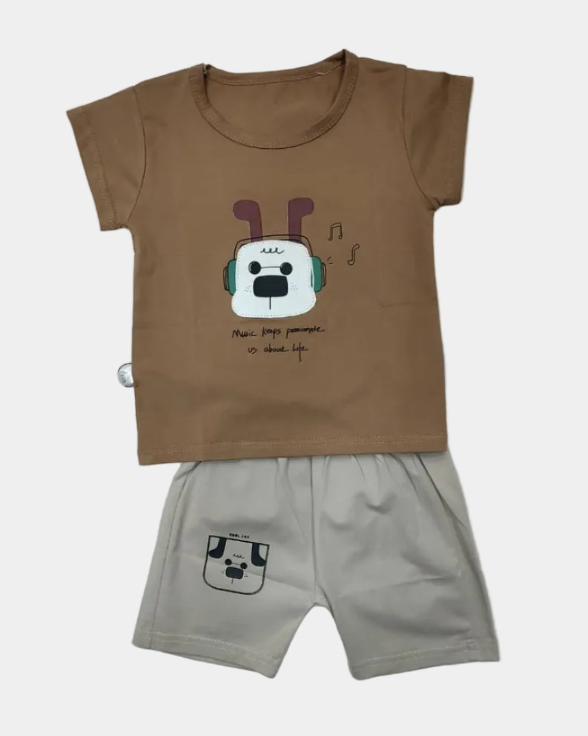 Two pairs of shorts with cartoon designs on a light gray background