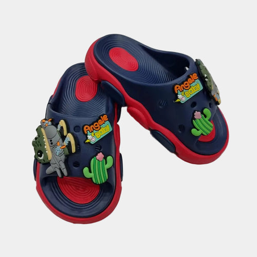 Navy blue and red sandals with cartoon character and cactus design on a light gray background