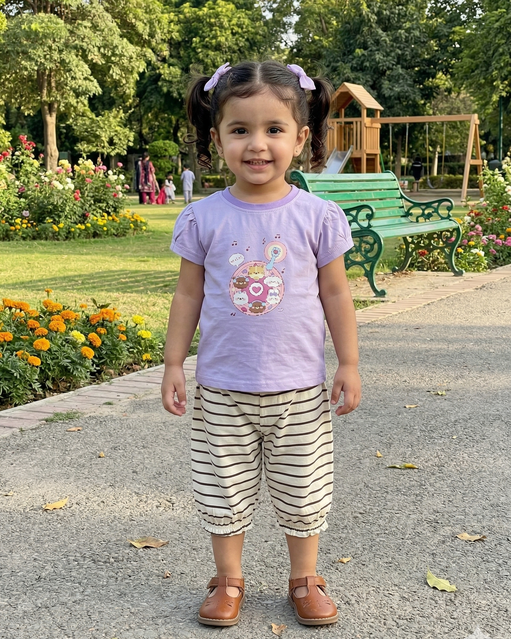 Young girl standing on a path in a park with trees and playground equipment in the background.