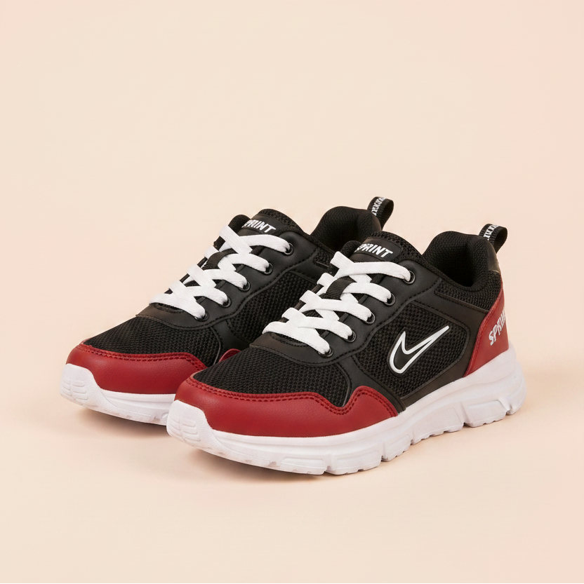 Black and red high-top sneakers with white laces on a beige background