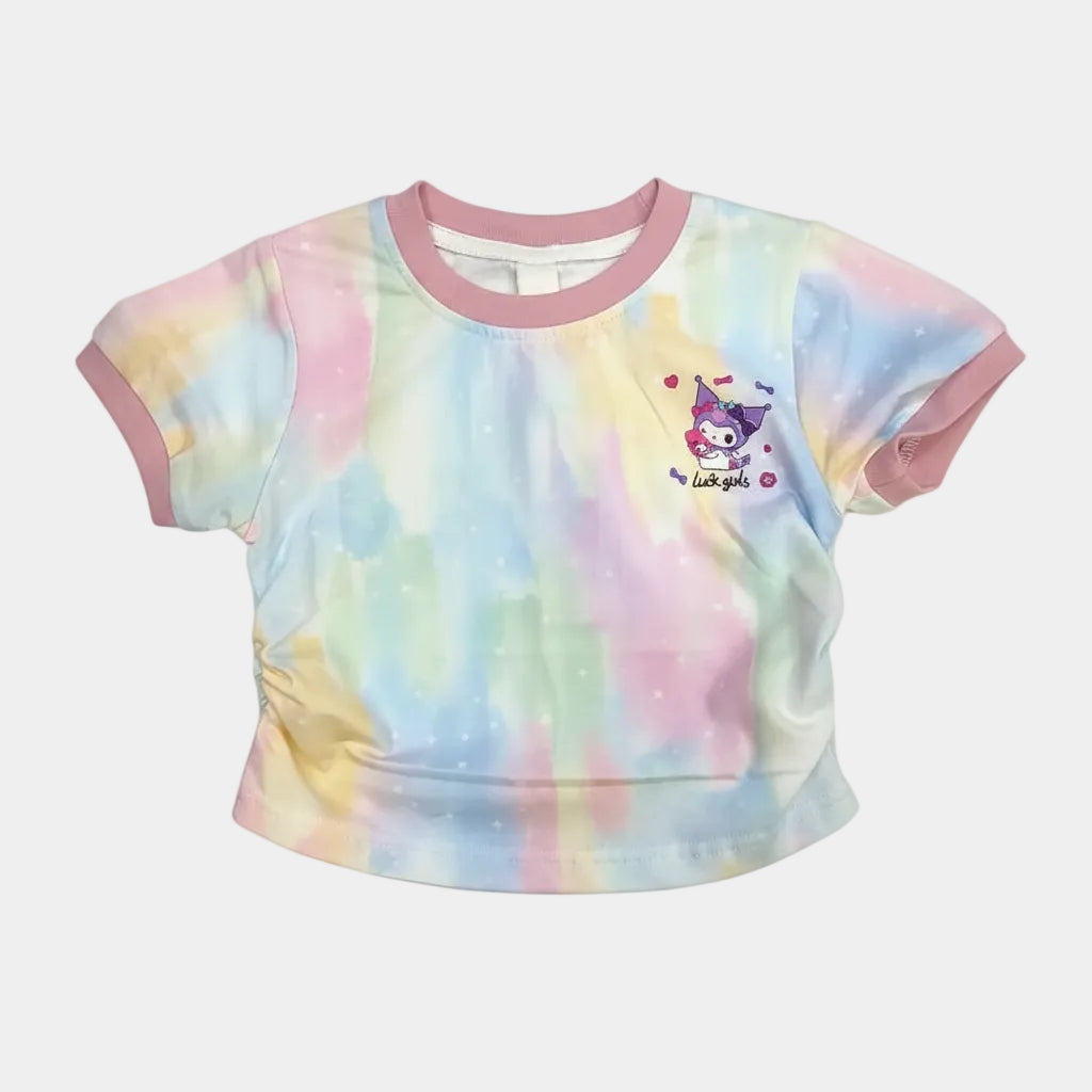 Pastel tie-dye baby romper on a white background