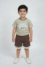 Striped t-shirt and shorts set with cartoon design on a white background