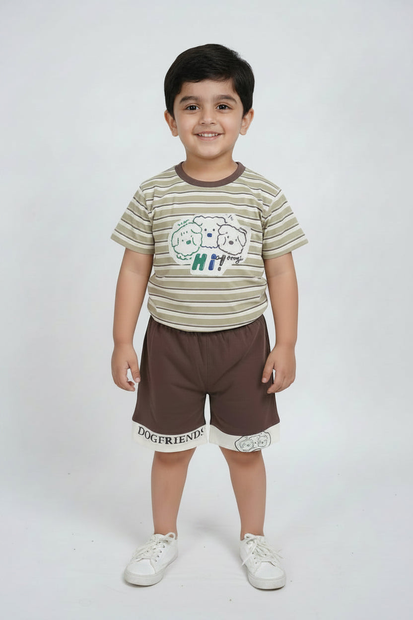 Striped t-shirt and shorts set with cartoon design on a white background