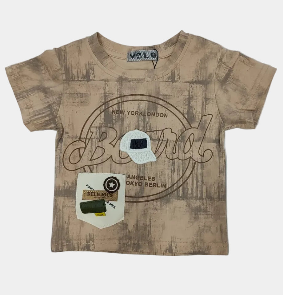 Beige t-shirt with graphic designs on a white background