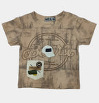 Beige t-shirt with graphic designs on a white background