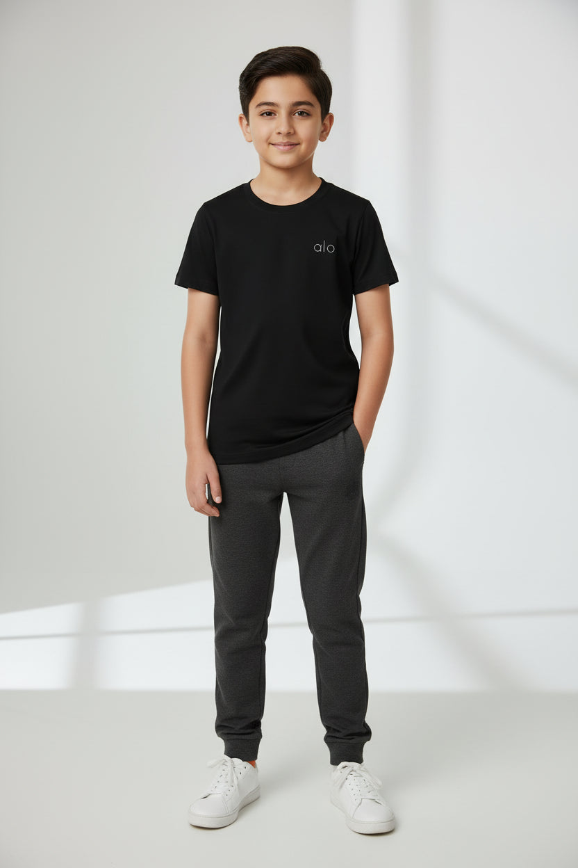 Black t-shirt with 'alo' logo on a white background