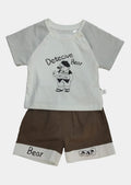 Children's outfit with t-shirt and shorts featuring 'Detective Bear' design on a light gray background