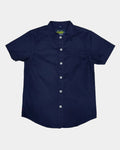Navy blue short-sleeve shirt on a white background
