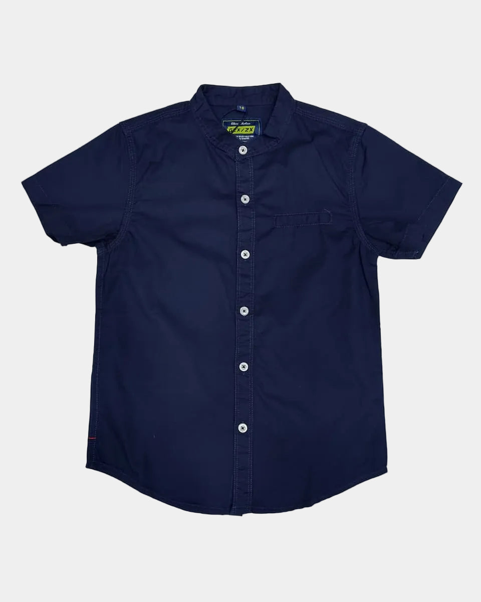 Navy blue short-sleeve shirt on a white background