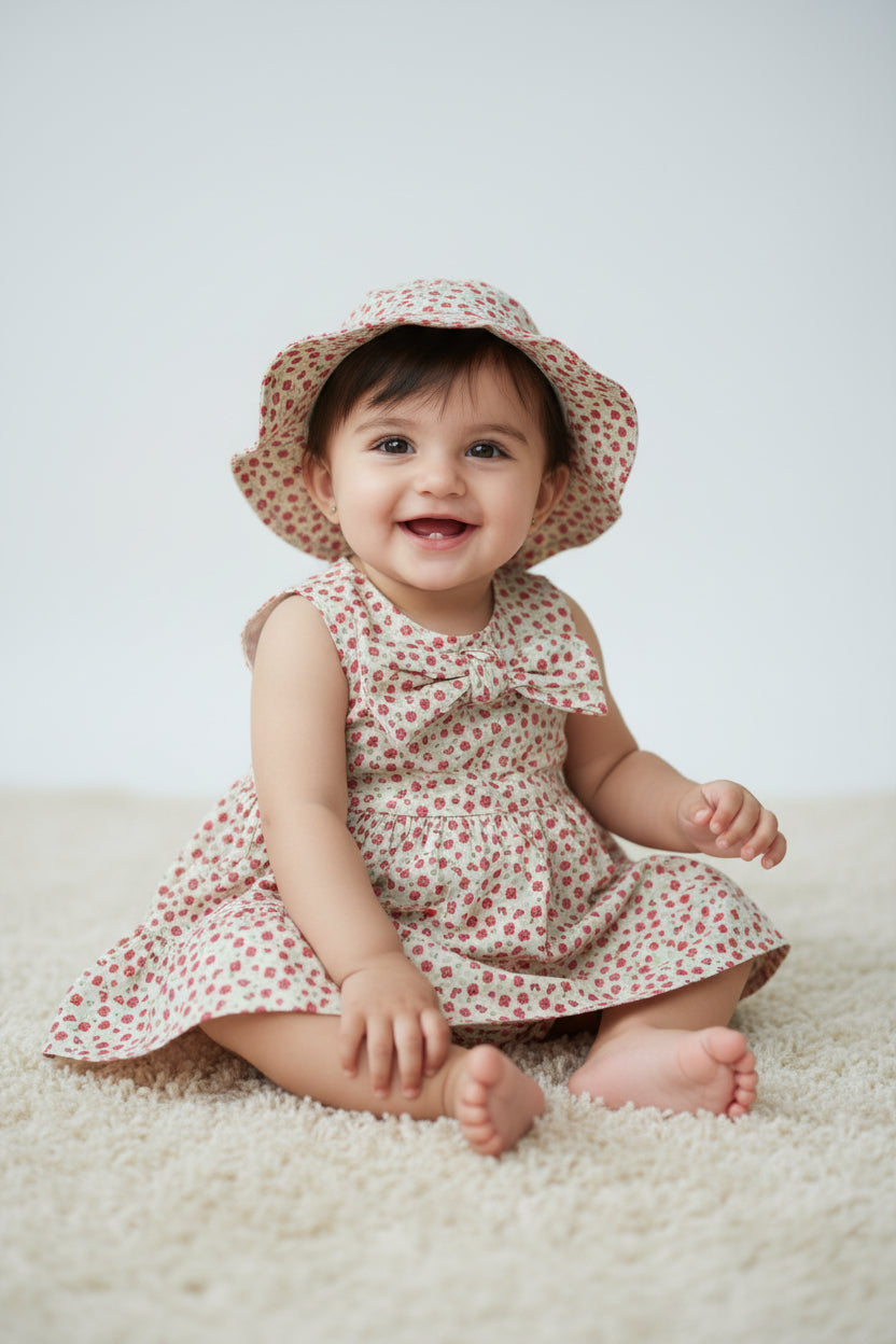Children's floral dress and hat set on a plain background