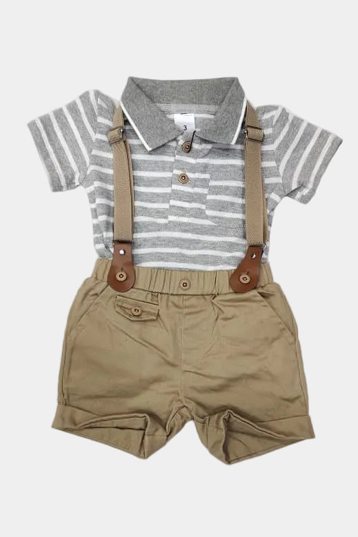Children's outfit with striped shirt, suspenders, and shorts on a white background