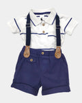 Children's outfit with white polo shirt, navy shorts, and suspenders on a white background