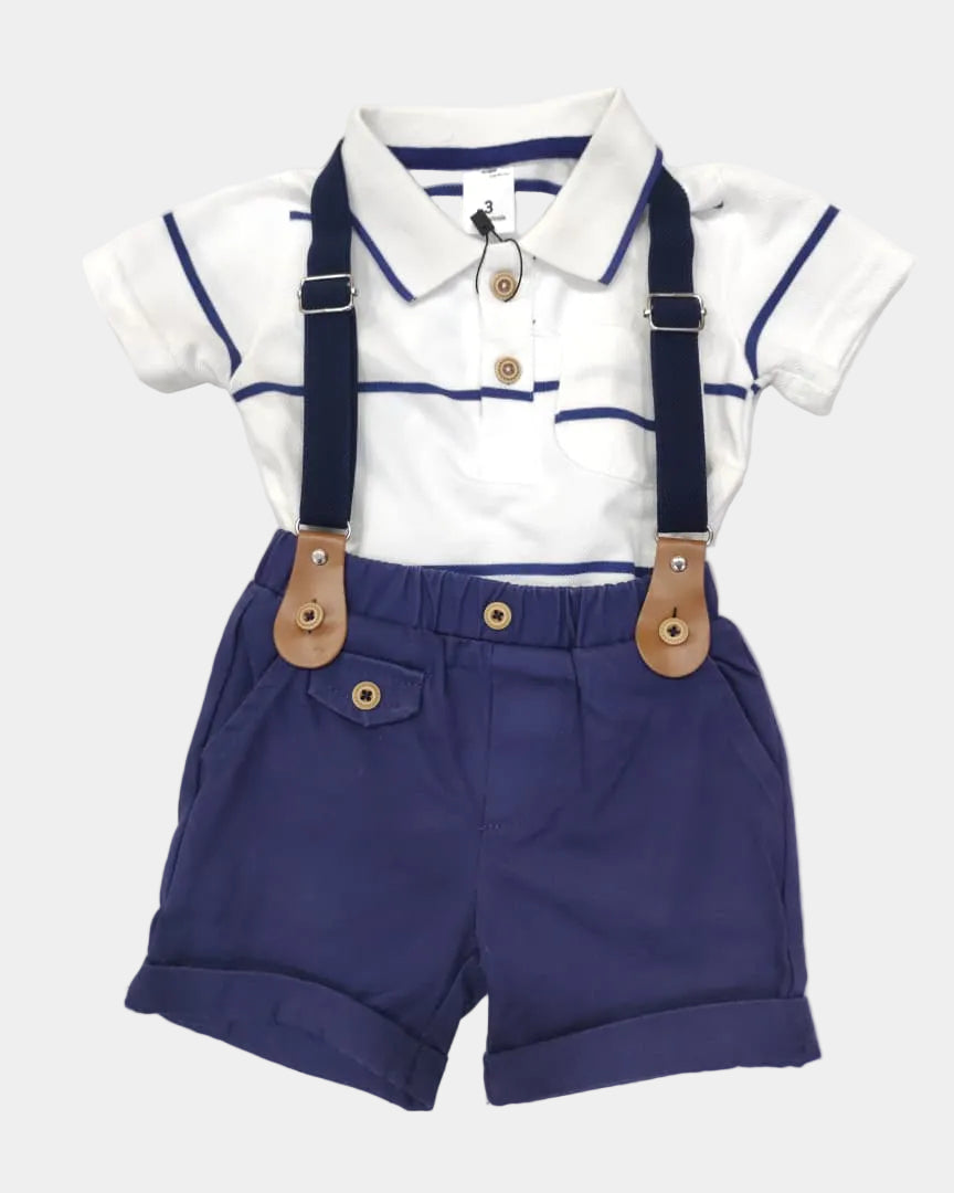 Children's outfit with white polo shirt, navy shorts, and suspenders on a white background
