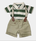 Children's outfit with striped shirt, suspenders, and shorts on a white background