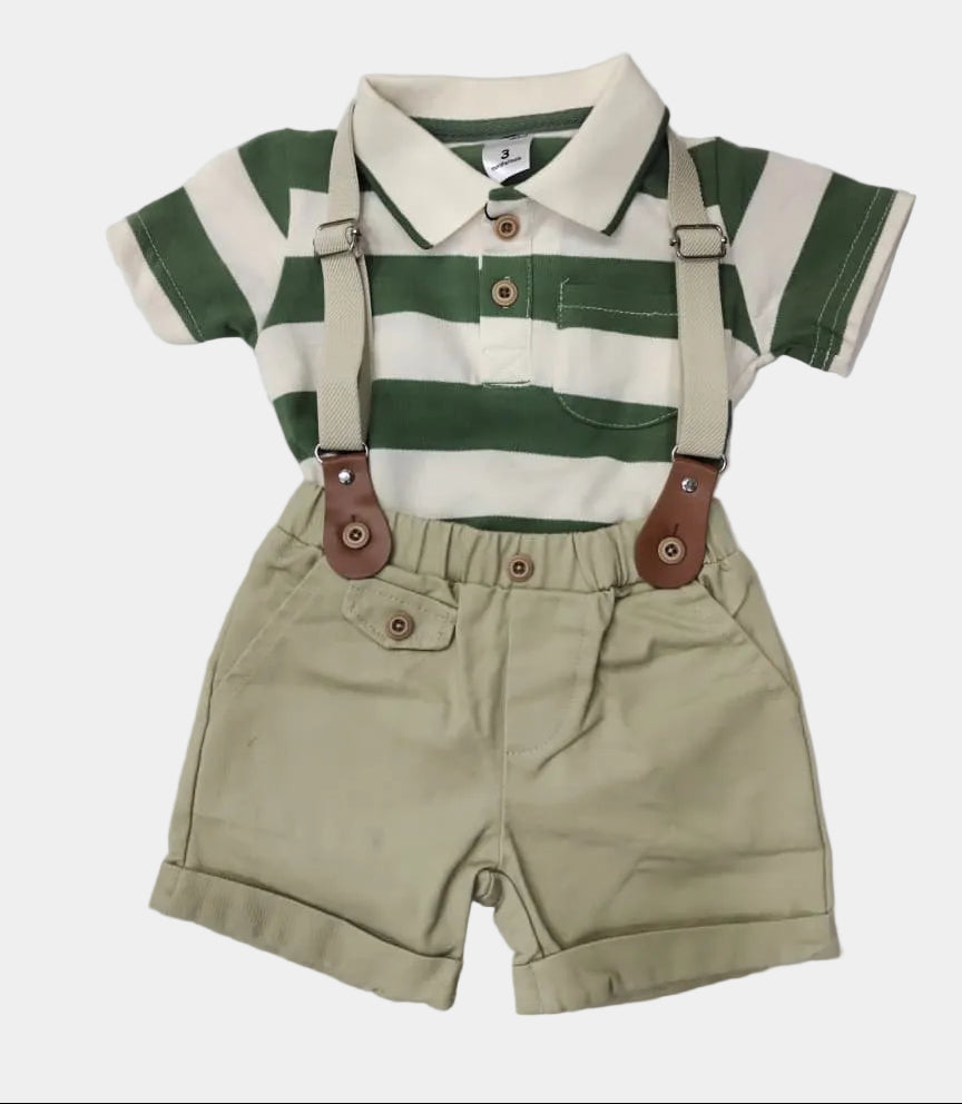 Children's outfit with striped shirt, suspenders, and shorts on a white background