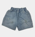 Light blue denim shorts on a white background