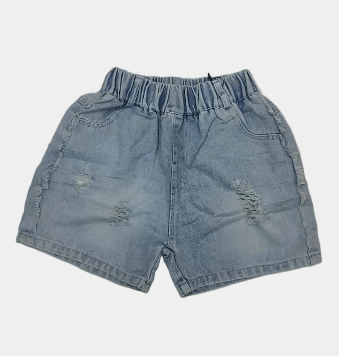 Light blue denim shorts on a white background